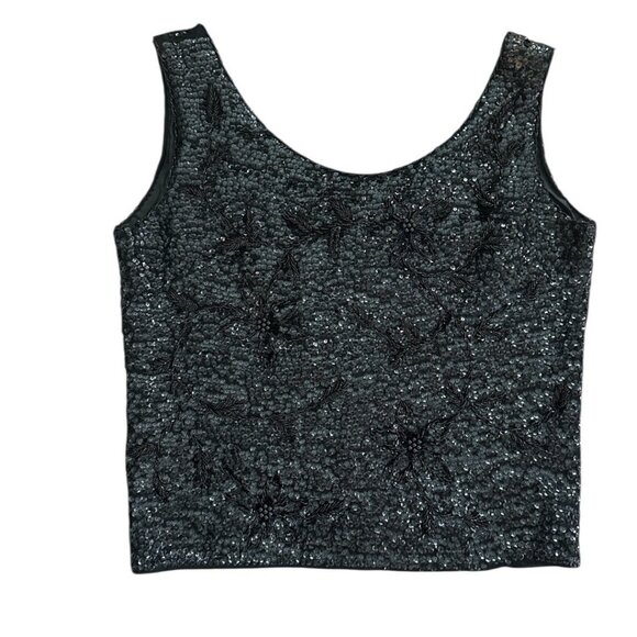Vintage Black Sequin Beaded Sleeveless Top W/ Floral Design & Full-Back Zipper - Picture 1 of 10